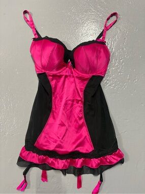 Fuchsia & Black Satin Chemise with Lace Trim